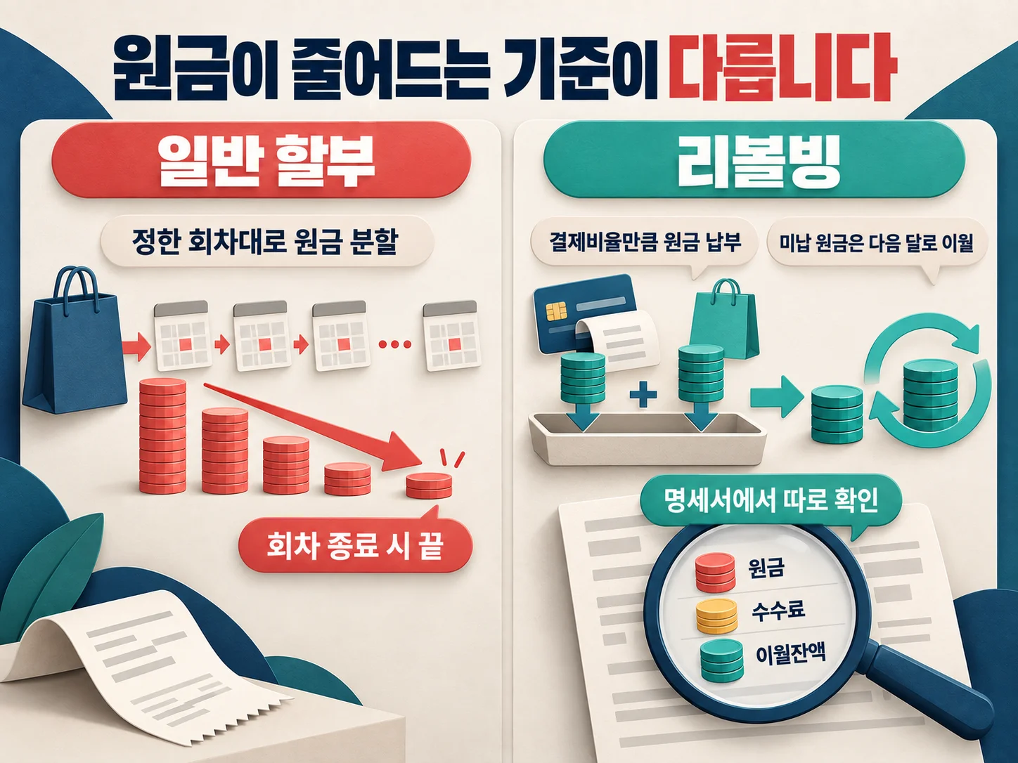 리볼빙과 일반 할부의 이월잔액 및 원금 상환 비교
