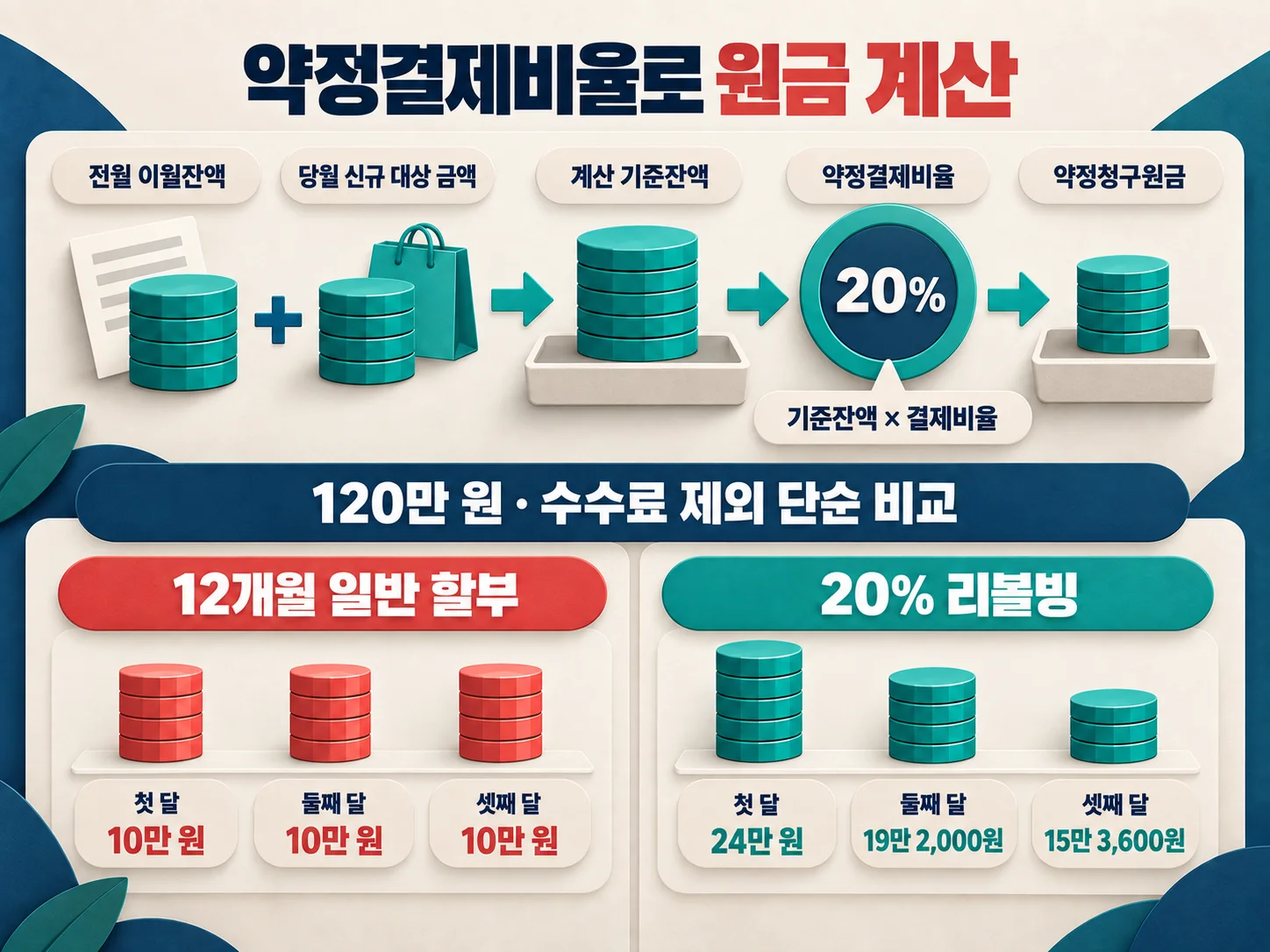 약정결제비율 20% 리볼빙의 월별 원금 감소 계산
