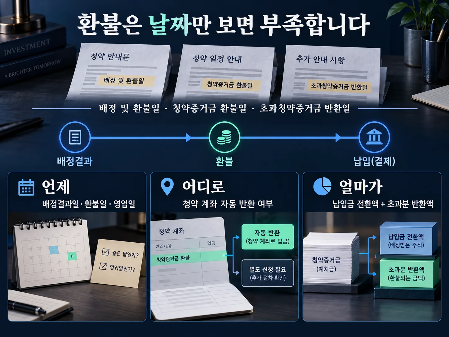 - 공모주 청약일·배정일·환불일과 청약증거금을 대조하는 일정 확인