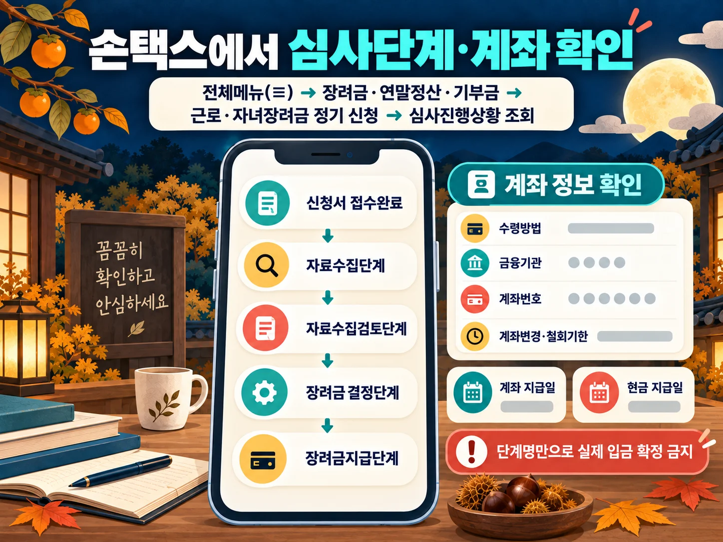 손택스 근로장려금 심사단계와 환급금 수령계좌 확인 화면.