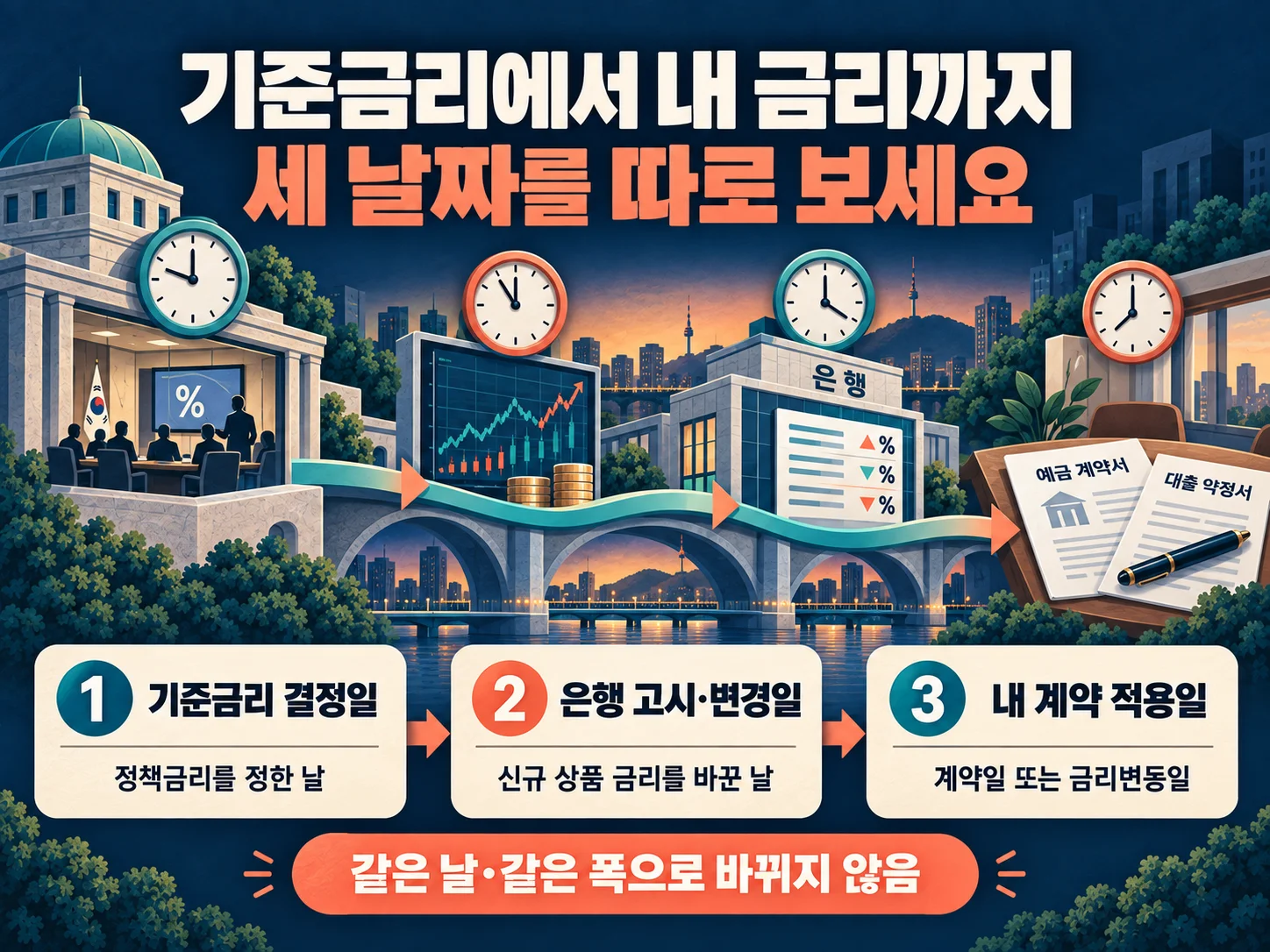 한국은행 기준금리 결정일과 은행 상품 금리 고시일·계약 적용일 비교