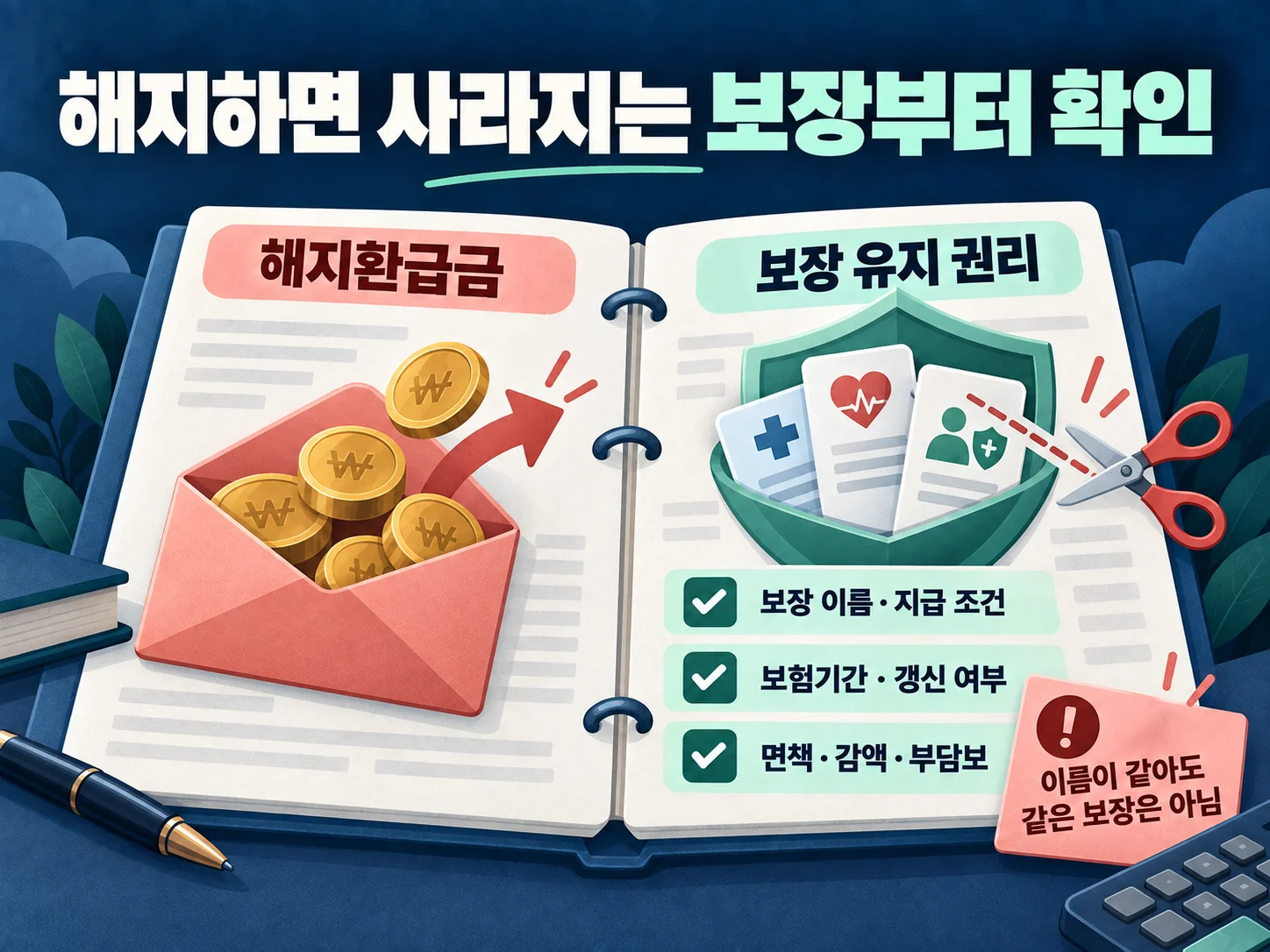- 보험 해지 시 소멸하는 주계약·특약 보장을 비교하는 이미지