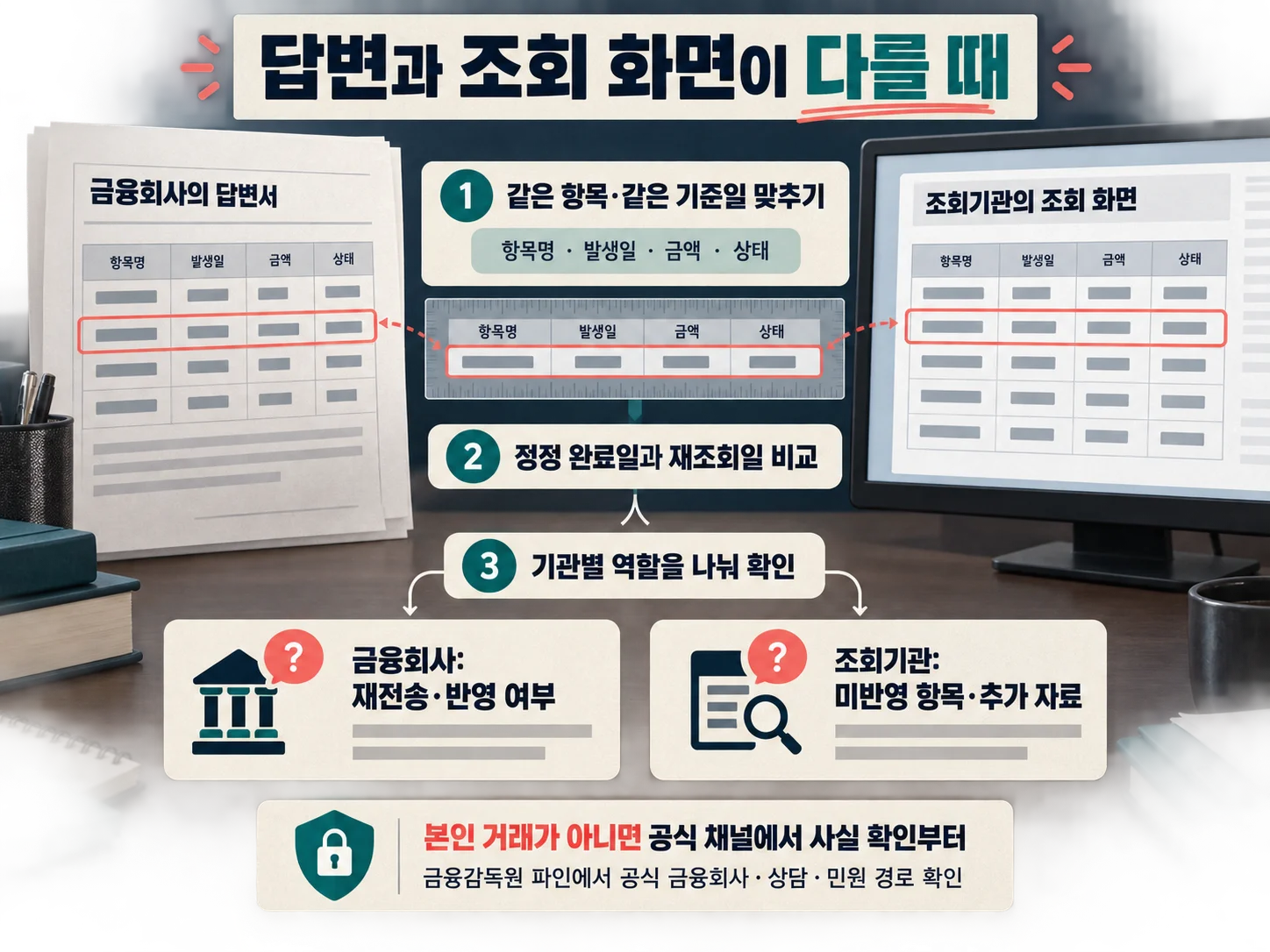 금융회사 답변과 신용정보 조회기관 기록 대조