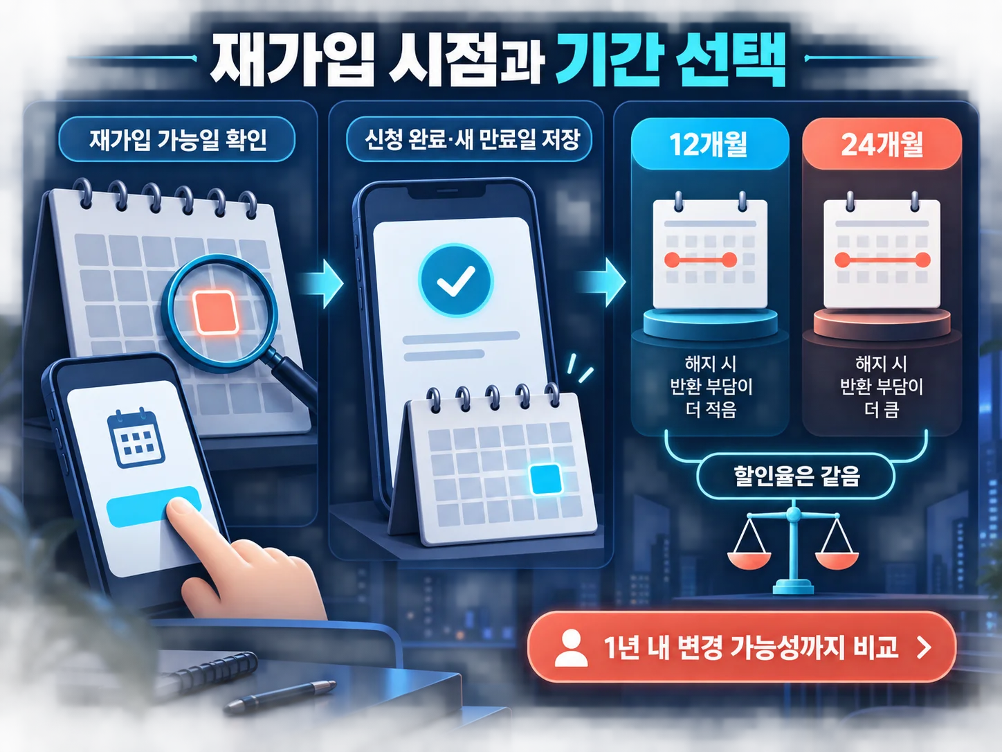 선택약정 재가입 가능일과 12개월·24개월 약정기간을 비교하는 이미지