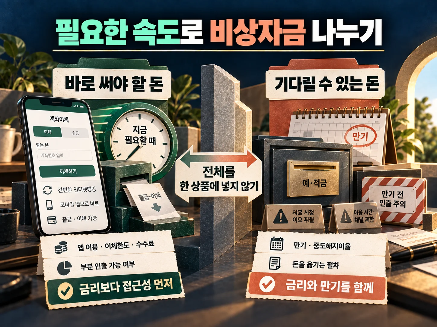 비상자금의 인출 가능성과 유동성 조건을 비교하는 모습