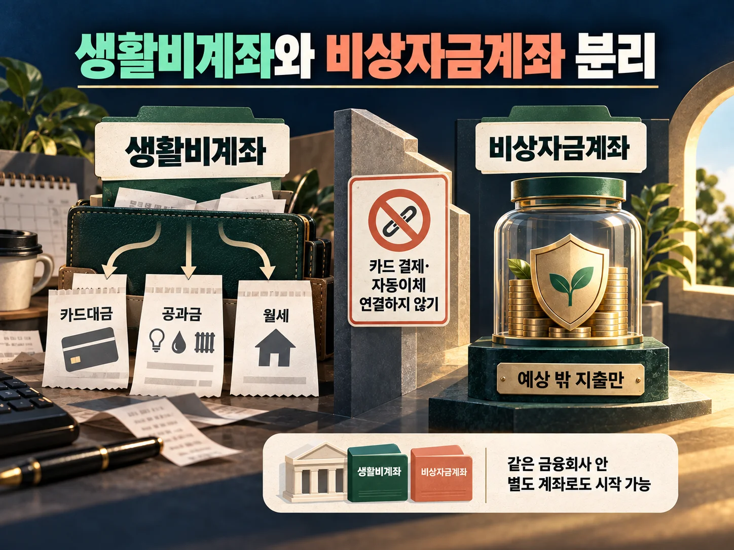 생활비계좌와 비상자금계좌를 분리해 자동이체 흐름을 구분하는 모습