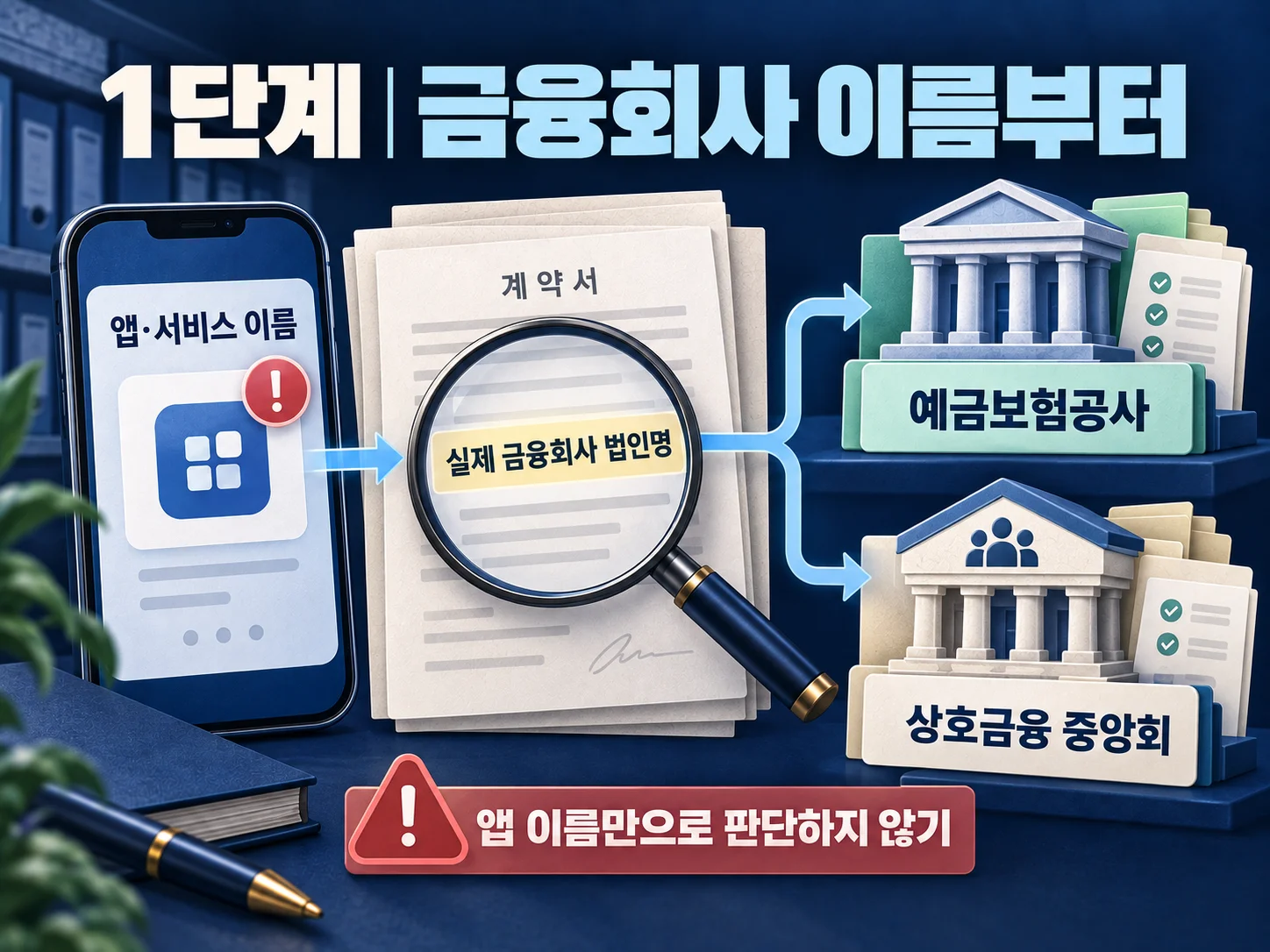 실제 금융회사명과 보호기관 목록을 대조하는 예금자보호 확인 절차.