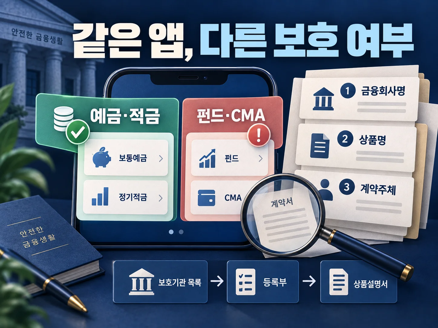 은행 앱 상품의 예금자보호 여부를 금융회사명과 상품명으로 확인하는 장면.