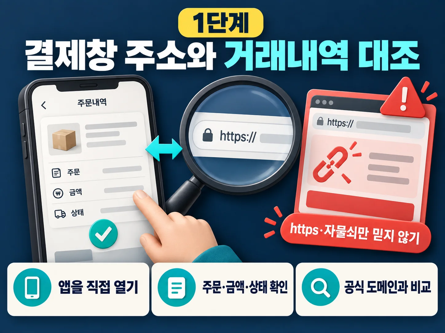 공식 거래내역과 결제창 주소를 대조하는 안전결제 확인