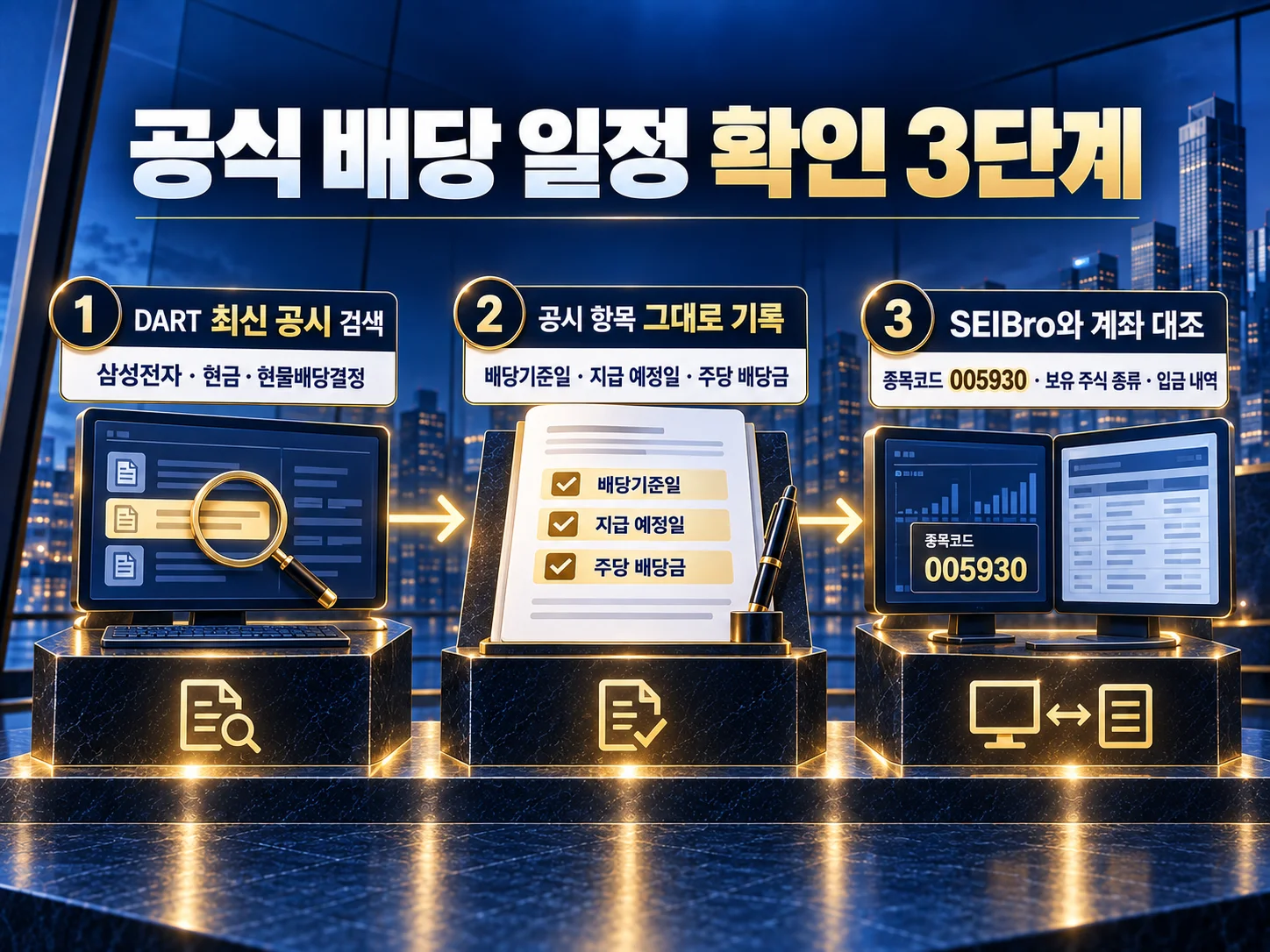 DART와 SEIBro에서 삼성전자 현금배당 일정을 확인하는 방법.