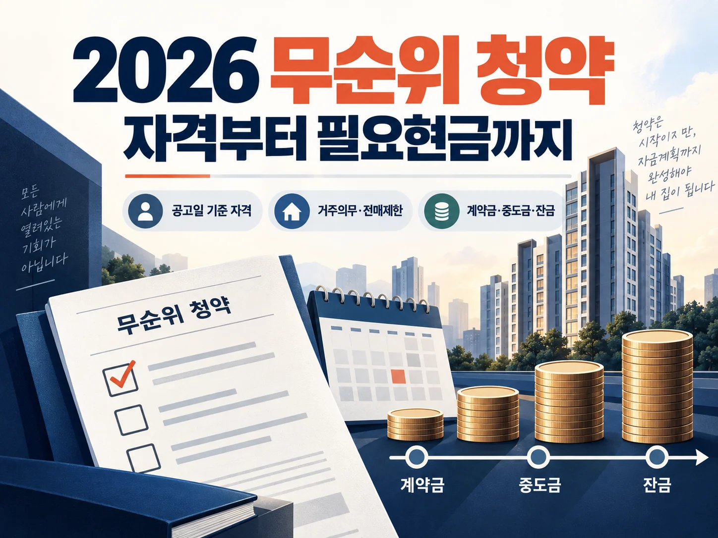 무순위 청약 신청자격과 필요현금 점검을 상징하는 안내 이미지