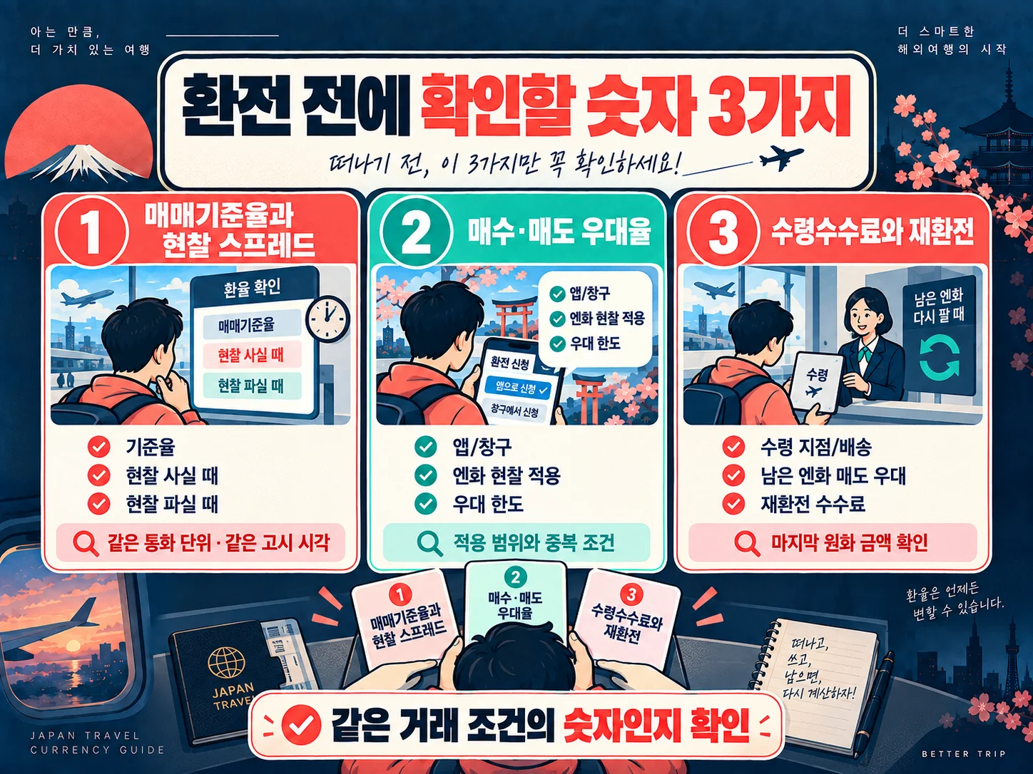 엔화 환전 전 매매기준율·우대율·수수료 확인 항목 이미지