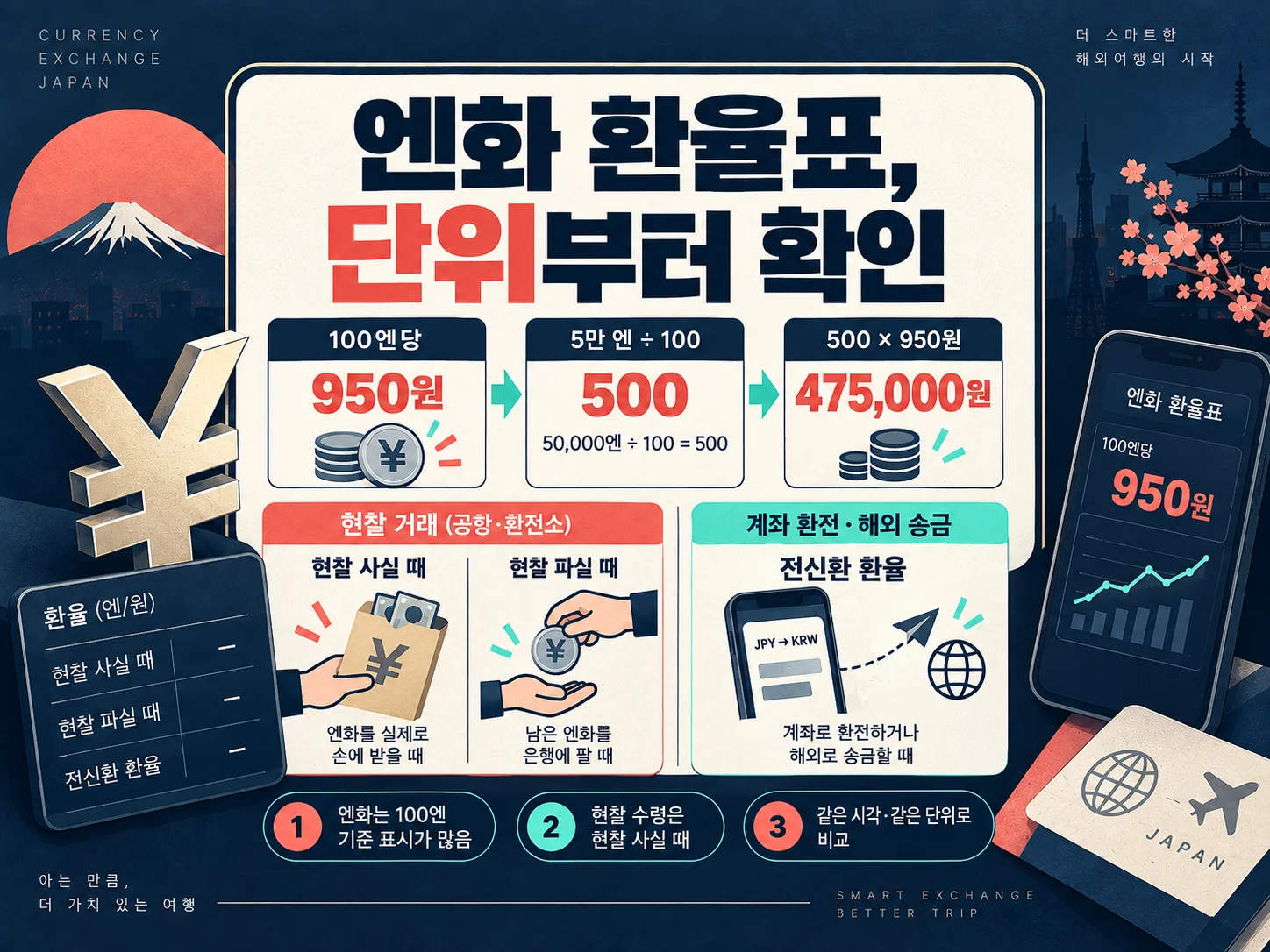 100엔 기준 엔화 환율과 현찰 사실 때 환율을 비교하는 이미지