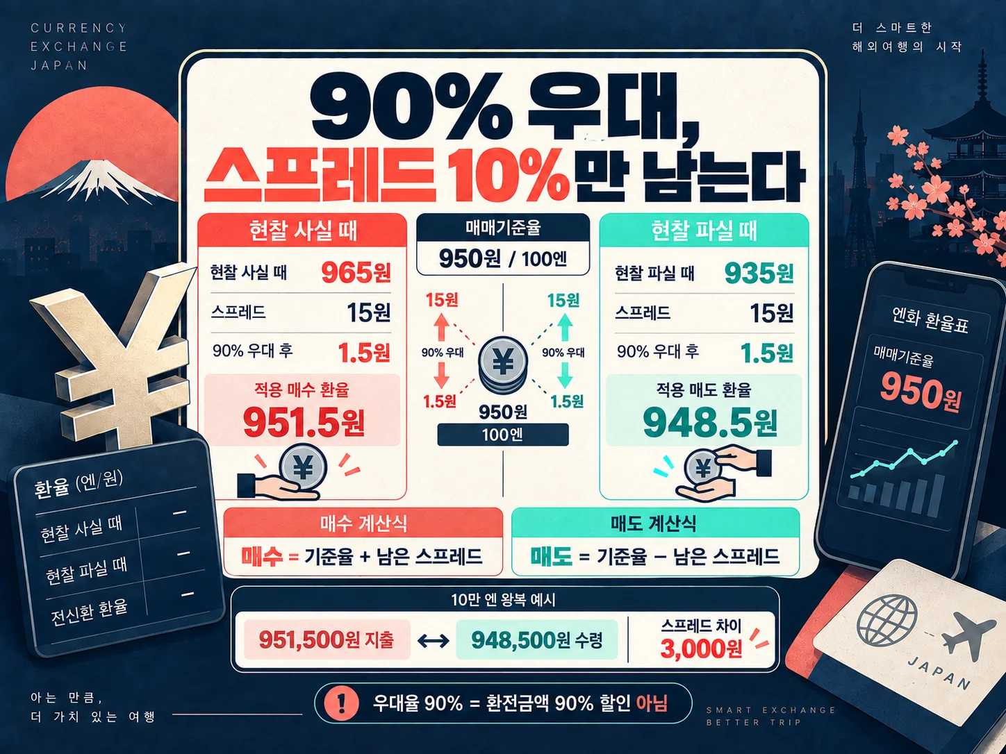 환율우대 90% 적용 전후 엔화 환전 스프레드 계산 이미지