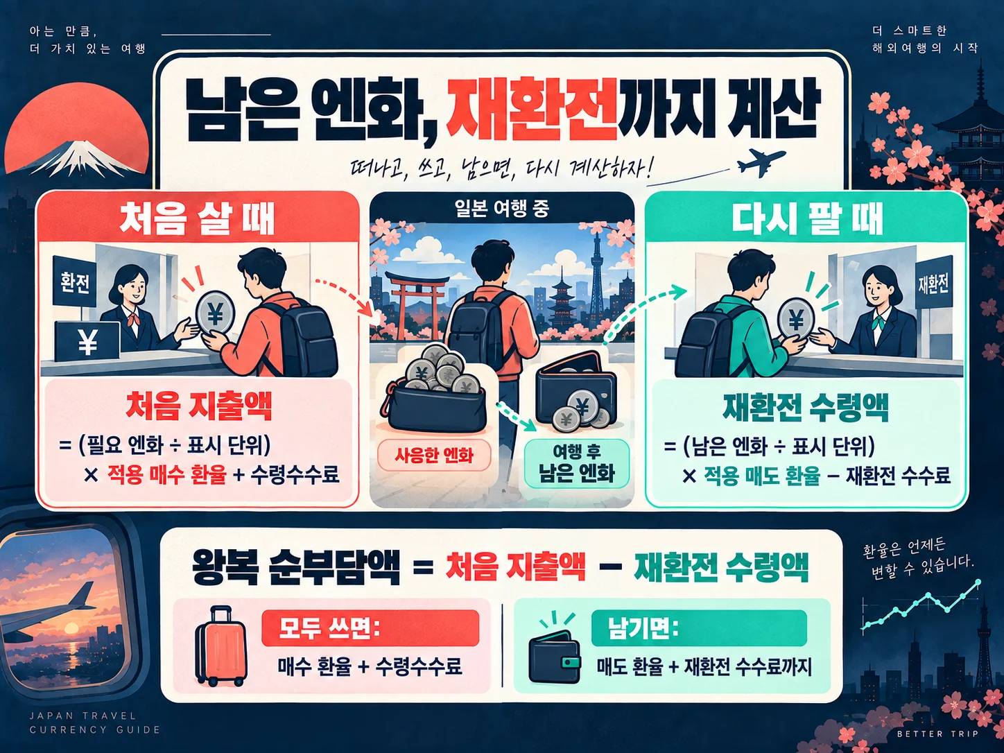 남은 엔화 재환전 비용과 왕복 순부담액 계산 이미지