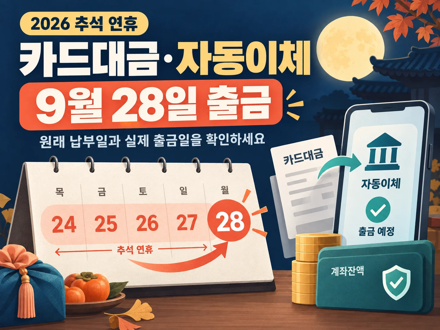추석 연휴 카드대금과 자동이체 출금일 확인 안내
