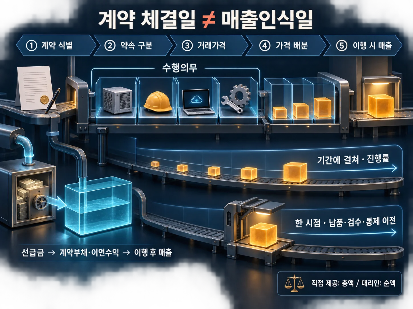 IFRS 15 기준으로 수행의무와 매출인식 시점을 구분하는 이미지