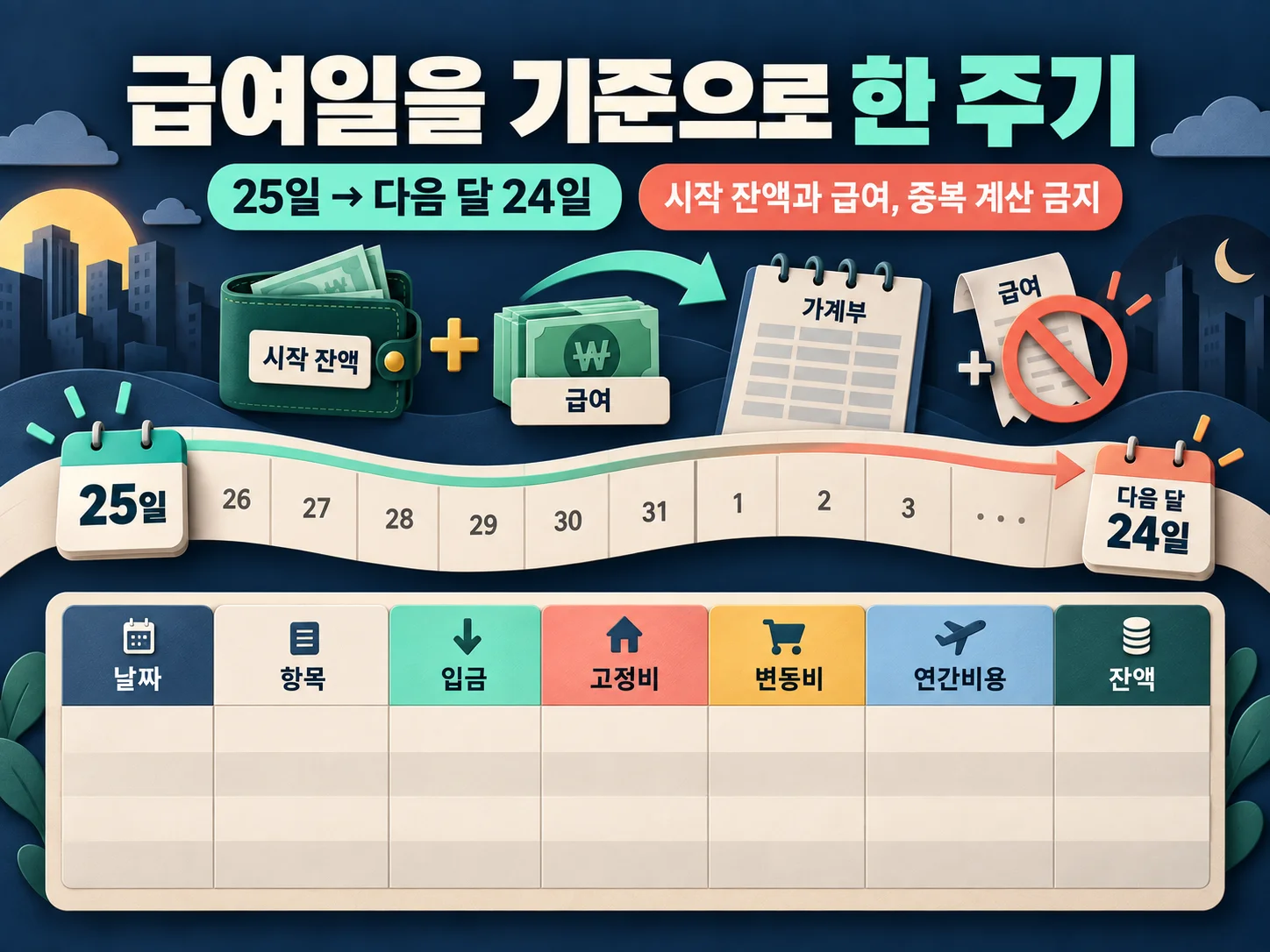 월급일과 다음 급여일 사이를 정리한 현금흐름표 작성