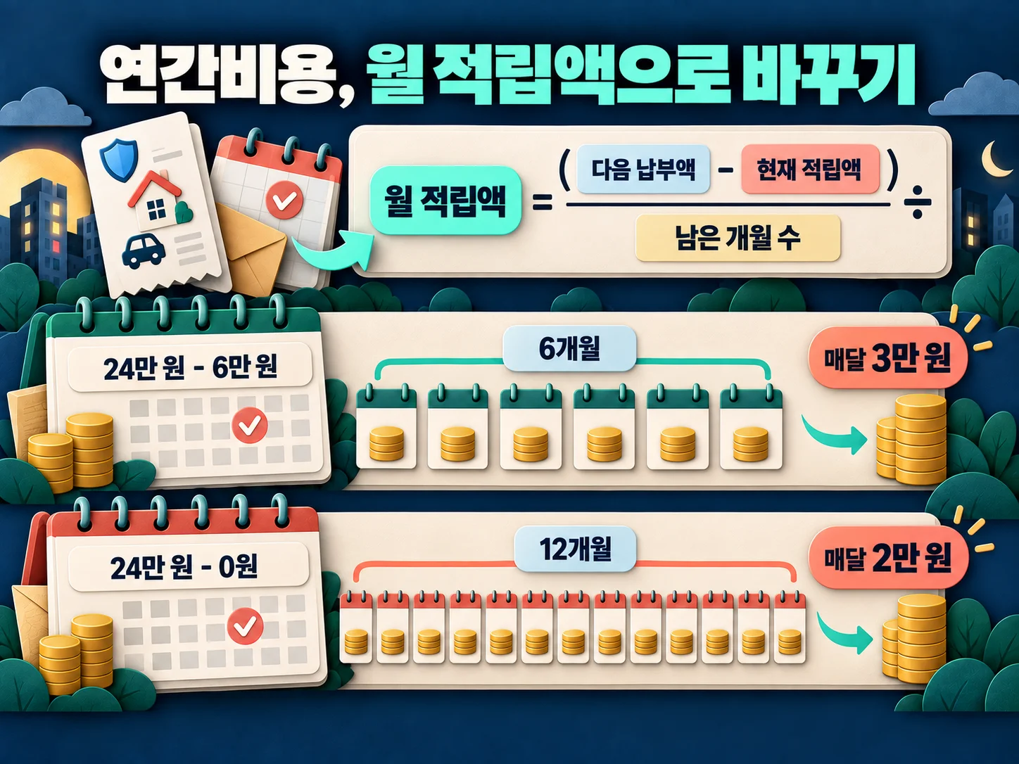 연간비용 납부일까지 월 적립액을 계산하는 현금흐름표