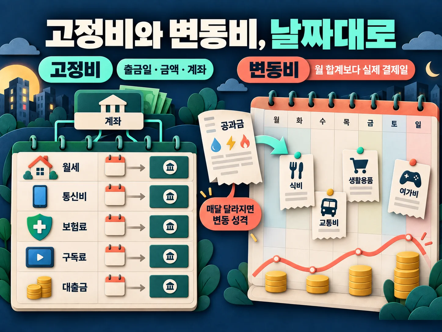고정비와 변동비의 실제 출금일을 기록하는 가계부 관리