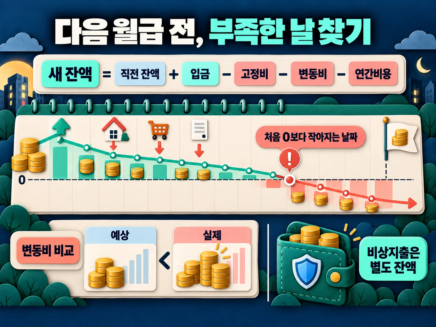 다음 월급 전 잔액 부족 날짜를 확인하는 현금흐름 관리