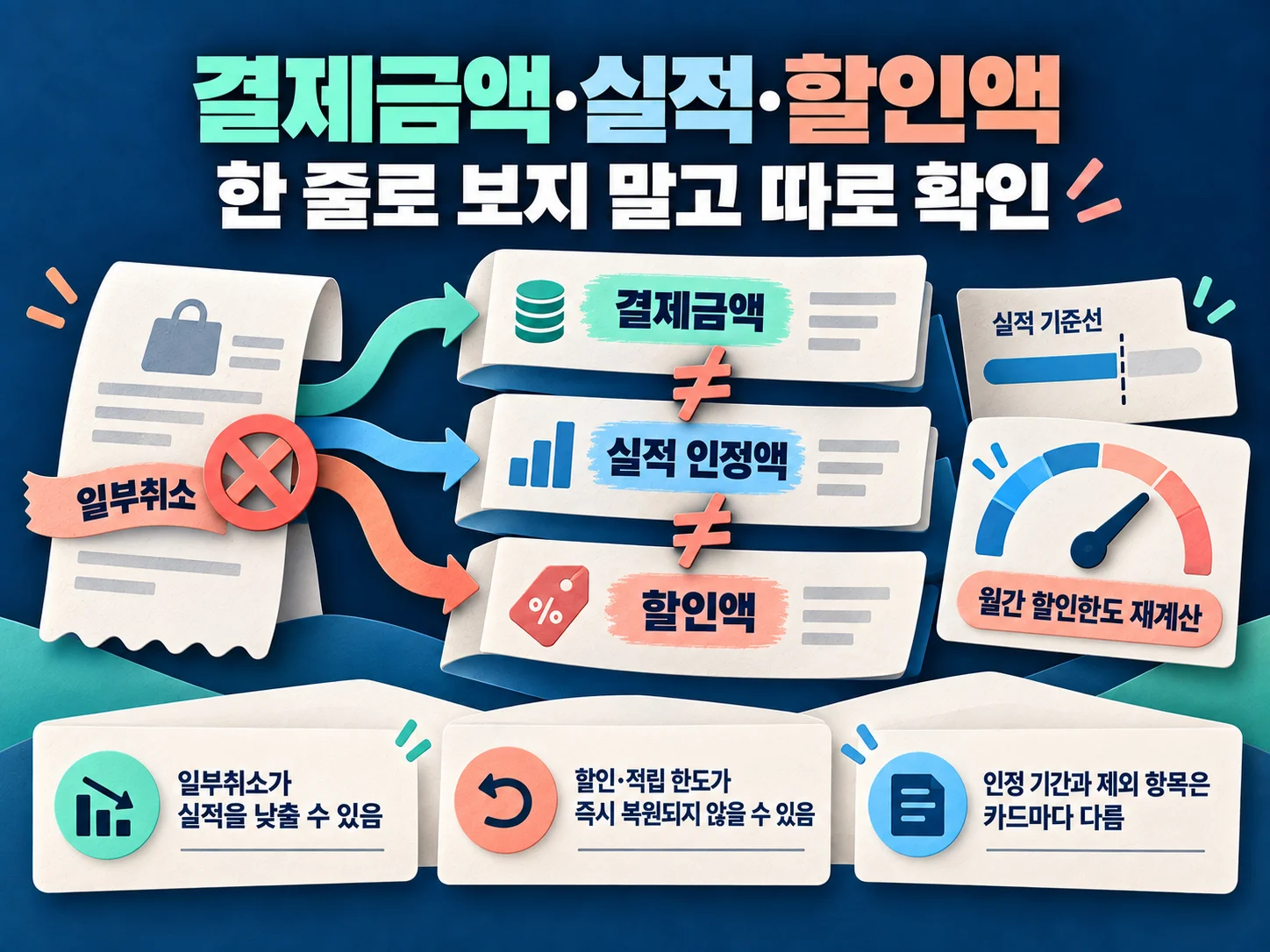 일부취소 후 카드 할인과 전월 이용실적 재계산 확인