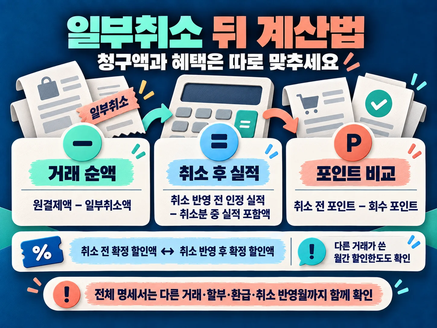 카드 일부취소 뒤 청구액·실적·할인·포인트 계산 점검