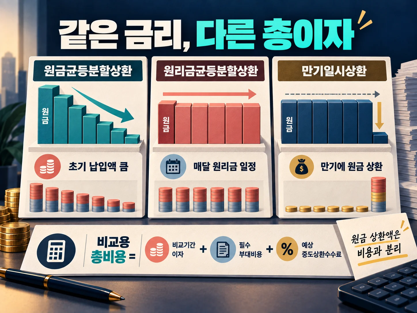 상환방식별 월 납입액과 총이자를 비교하는 계산