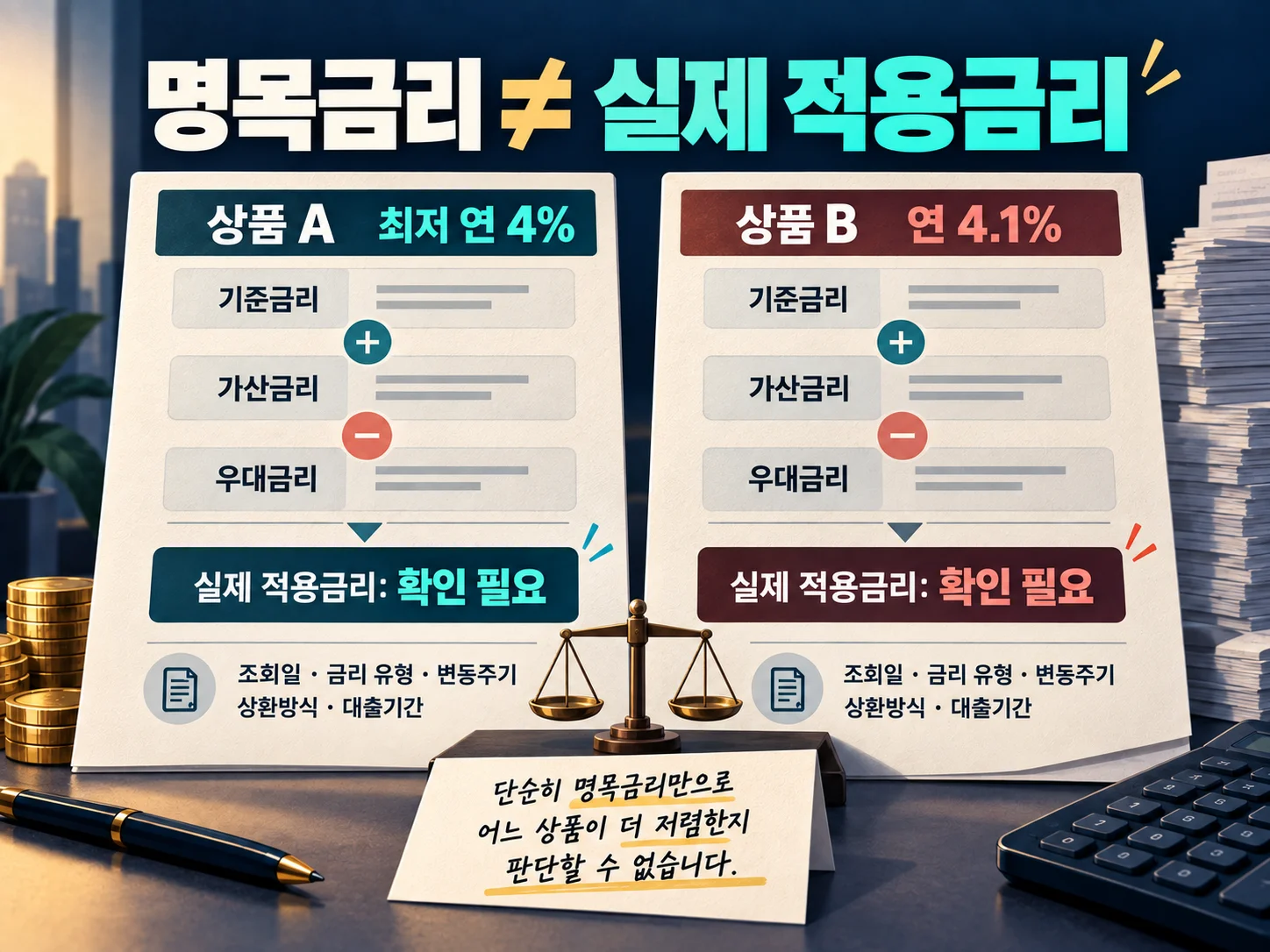 명목금리와 실제 적용금리를 구분한 대출 비교표
