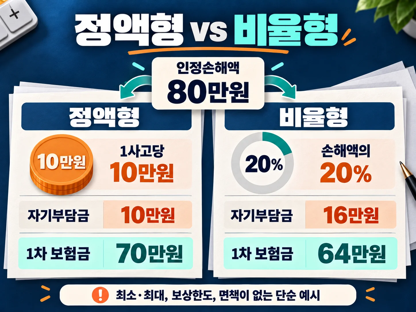 정액형과 비율형 자기부담금 계산식을 비교한 이미지