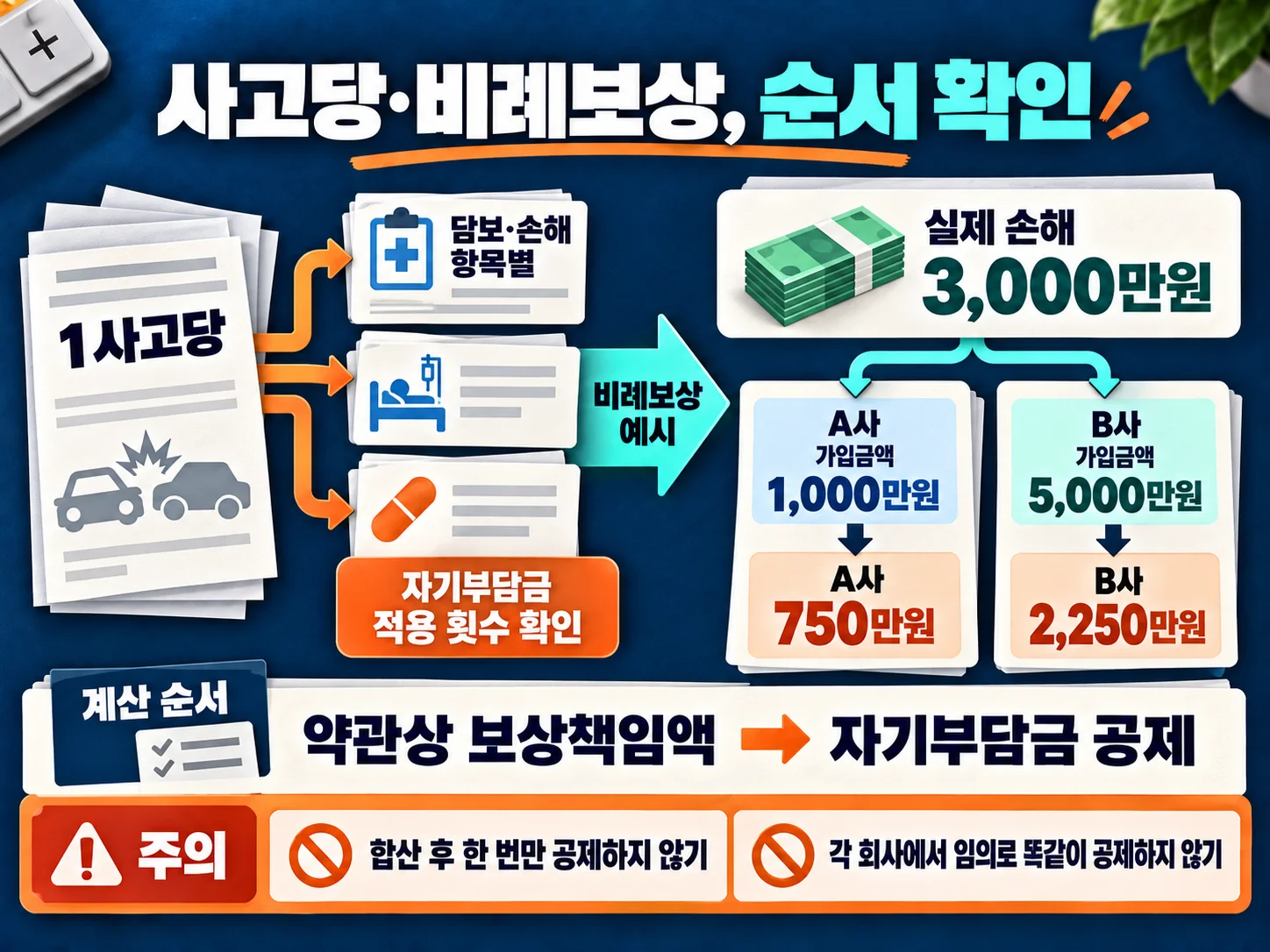 사고당 기준과 비례보상 확인 항목을 정리한 보험금 계산 이미지