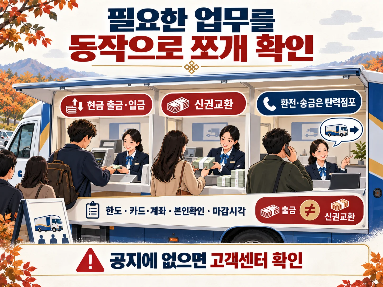 이동점포 출금·입금·신권교환 가능업무 확인
