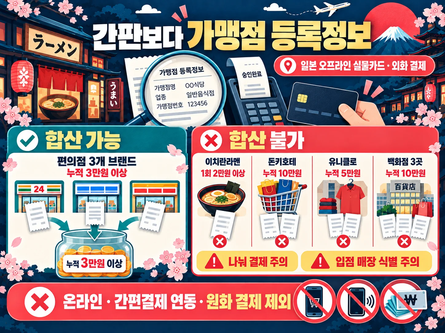 일본 Visa 가맹점별 이치란라멘 편의점 쇼핑 페이백 대상 조건 안내