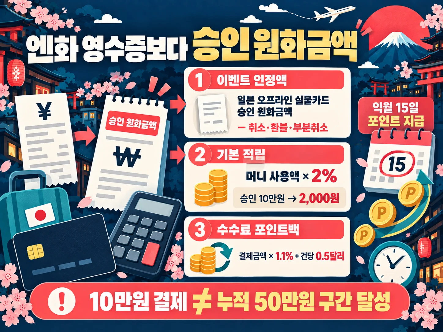 일본 해외결제 승인 원화금액과 2% 적립 및 수수료 포인트백 계산 기준