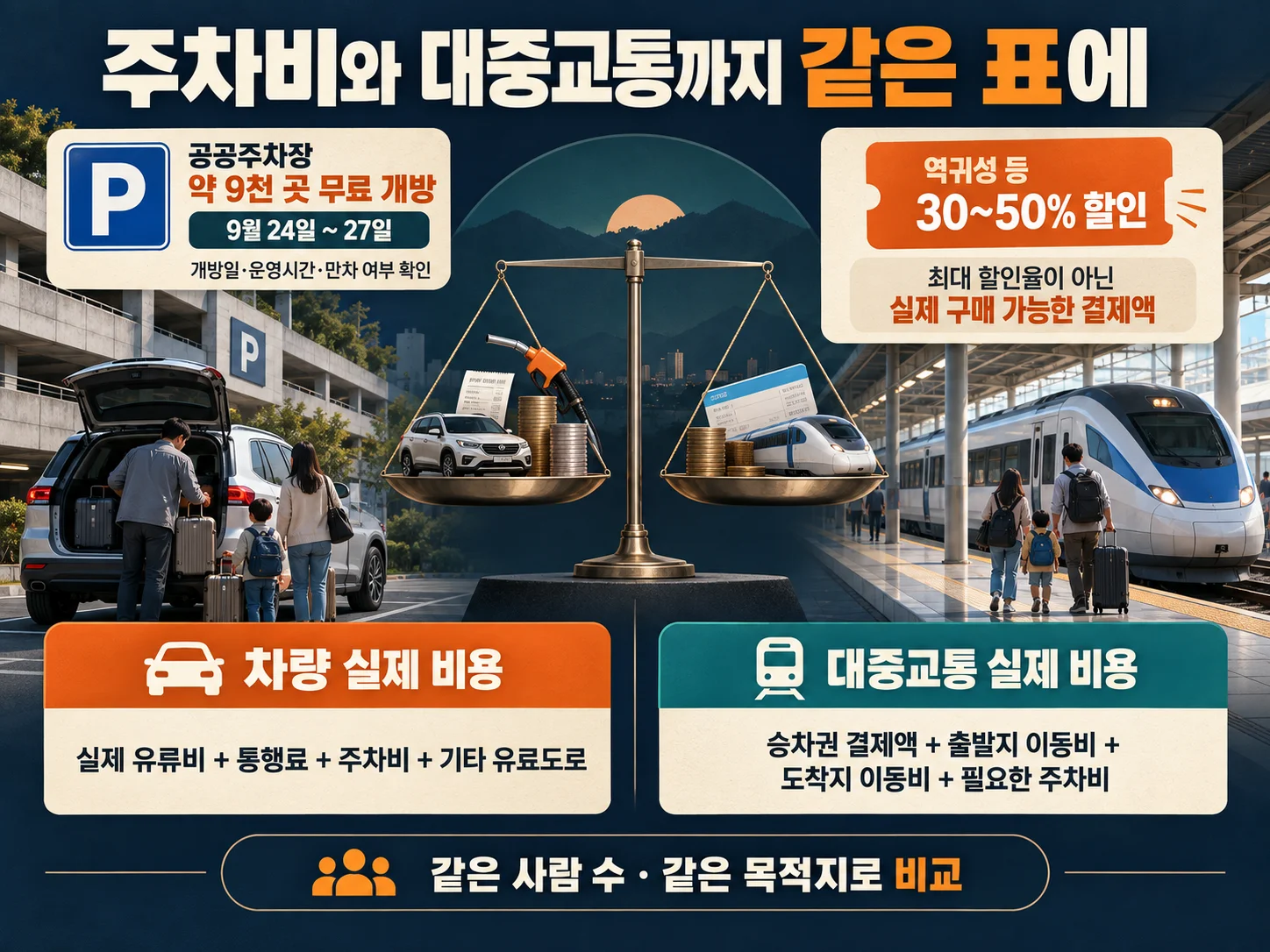 무료 공공주차장과 대중교통 요금 비교