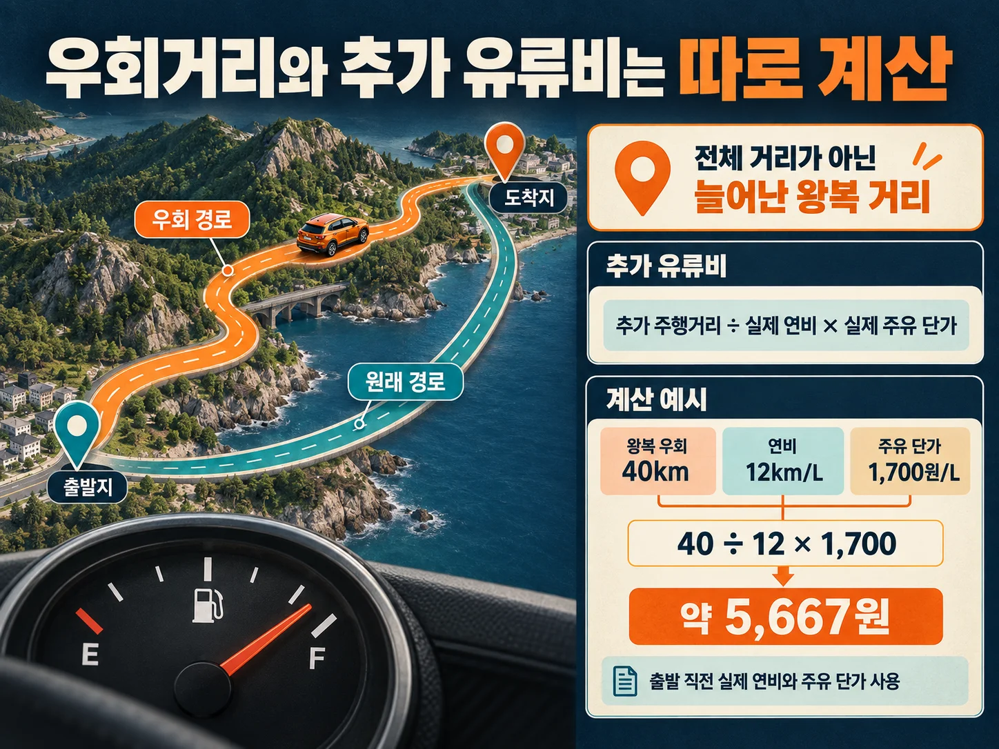 우회거리와 실제 연비로 추가 유류비 계산