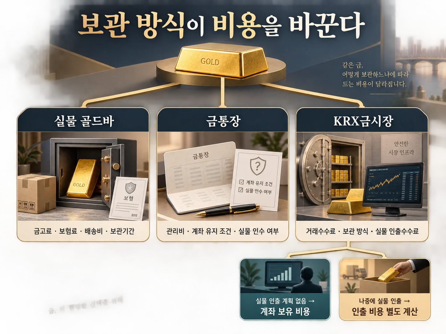 골드바 보관과 금통장·KRX금시장 보관 비용 비교 항목
