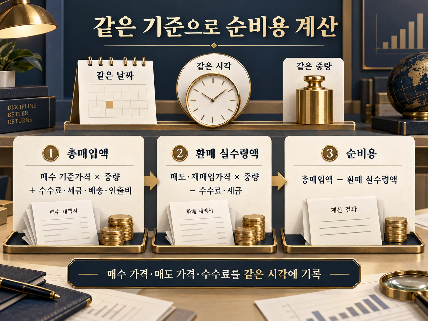 금 투자 매매스프레드와 총매입액·환매 실수령액 계산 흐름