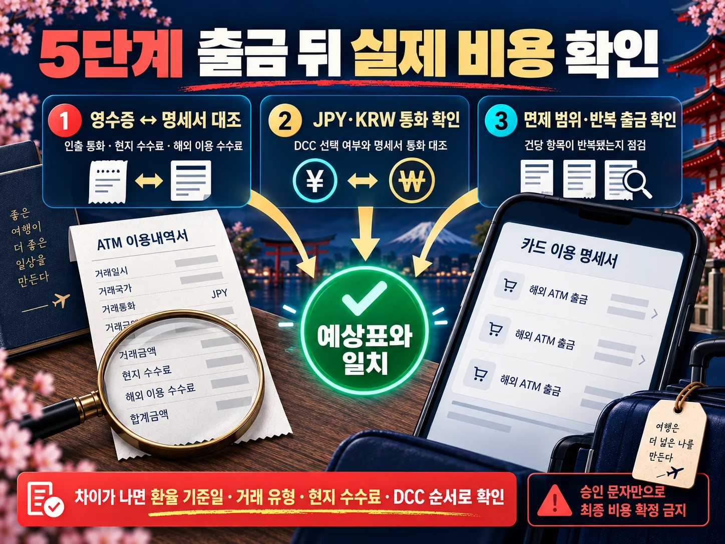 일본 ATM 출금 뒤 영수증과 카드 명세서 비용 확인