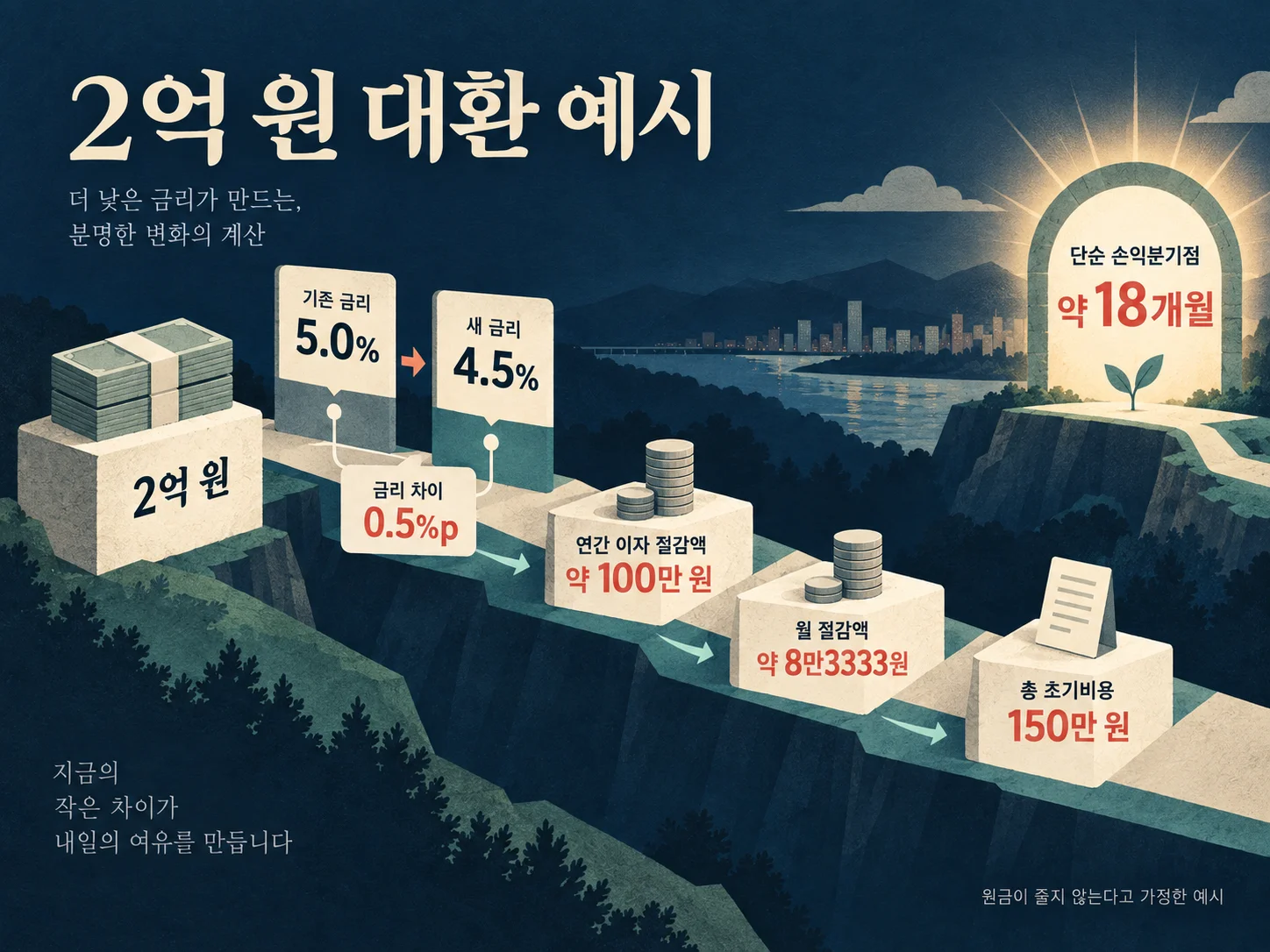 금리 차이에 따른 월 이자 절감액과 대환 손익분기점 예시