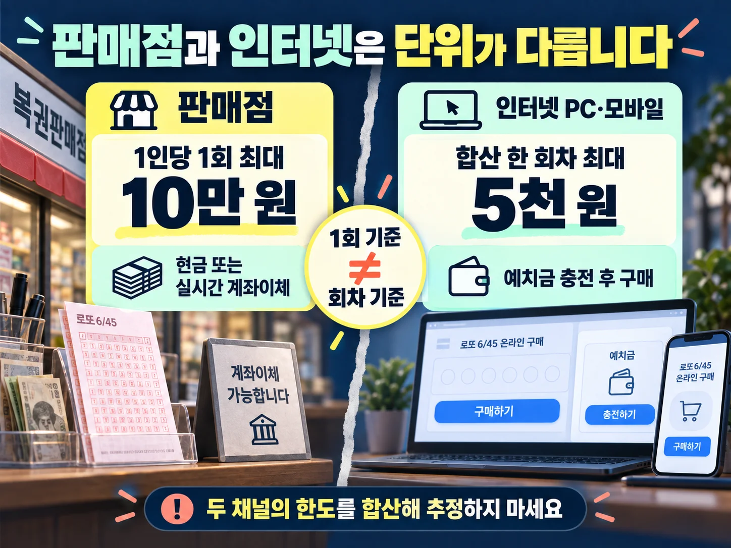 로또6/45 판매점과 인터넷 구매한도 비교 표