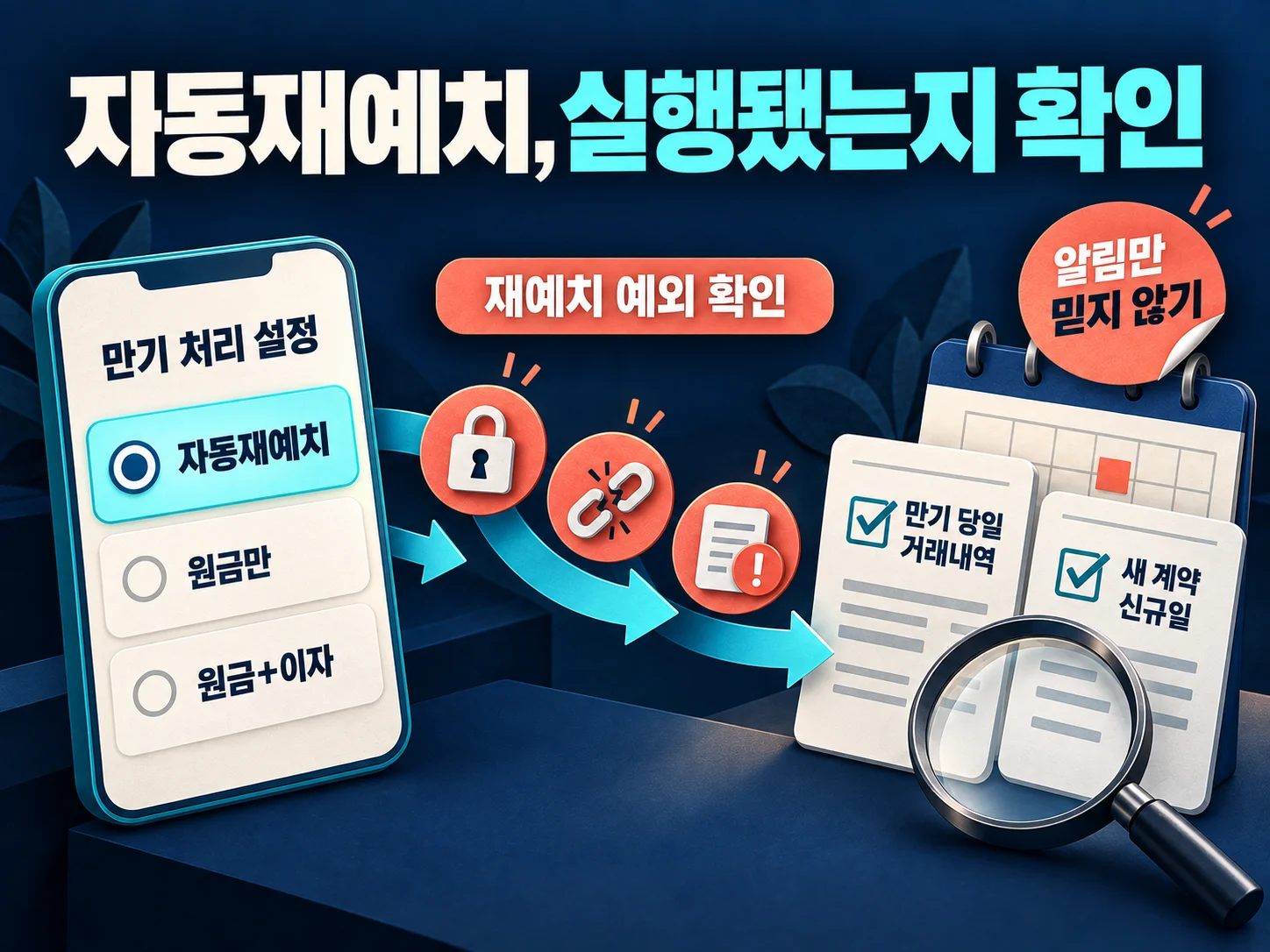 예금 자동재예치 설정과 만기 거래내역 확인 항목