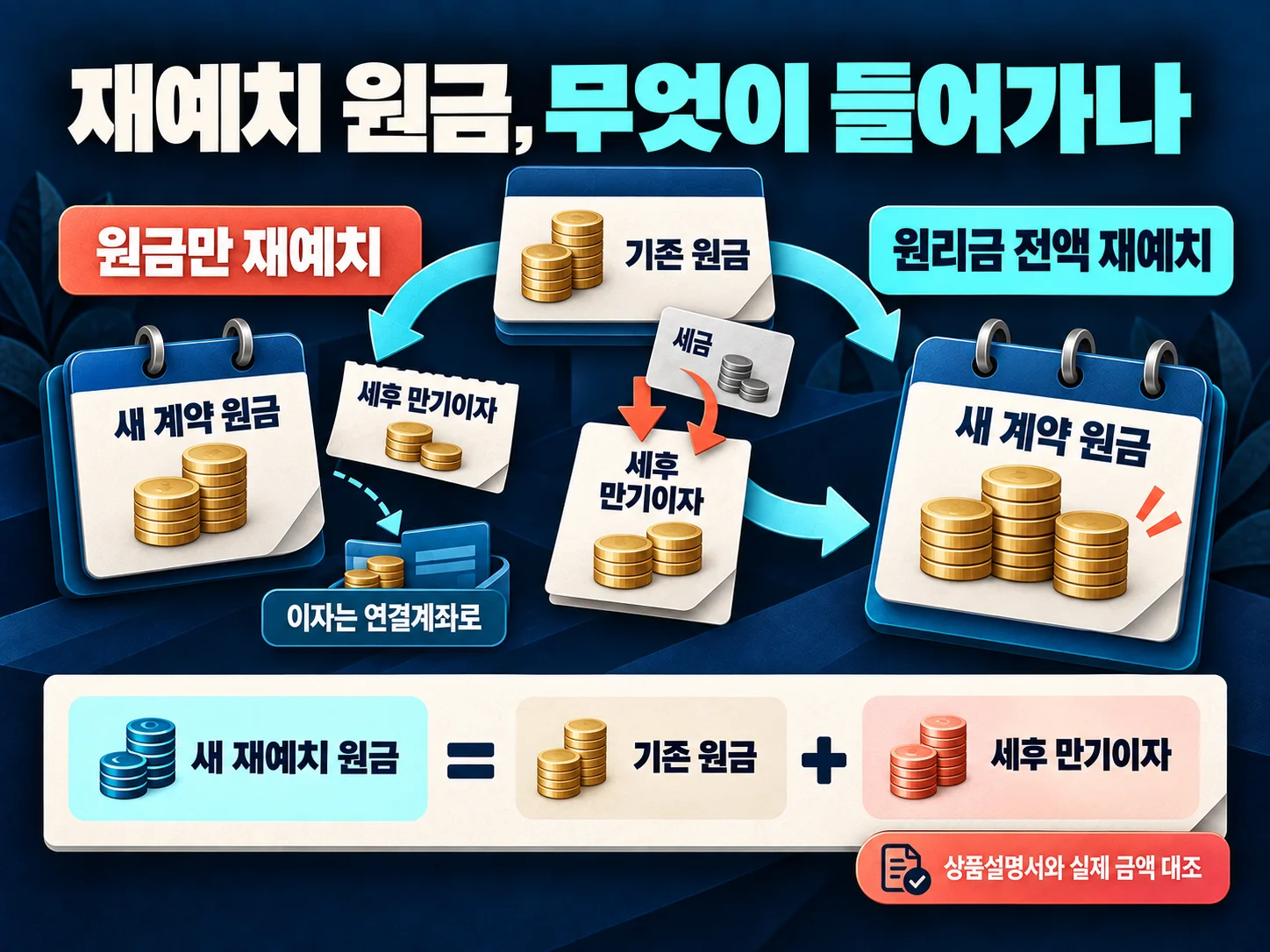 원금만 재예치와 세후 원리금 전액 재예치 금액 비교