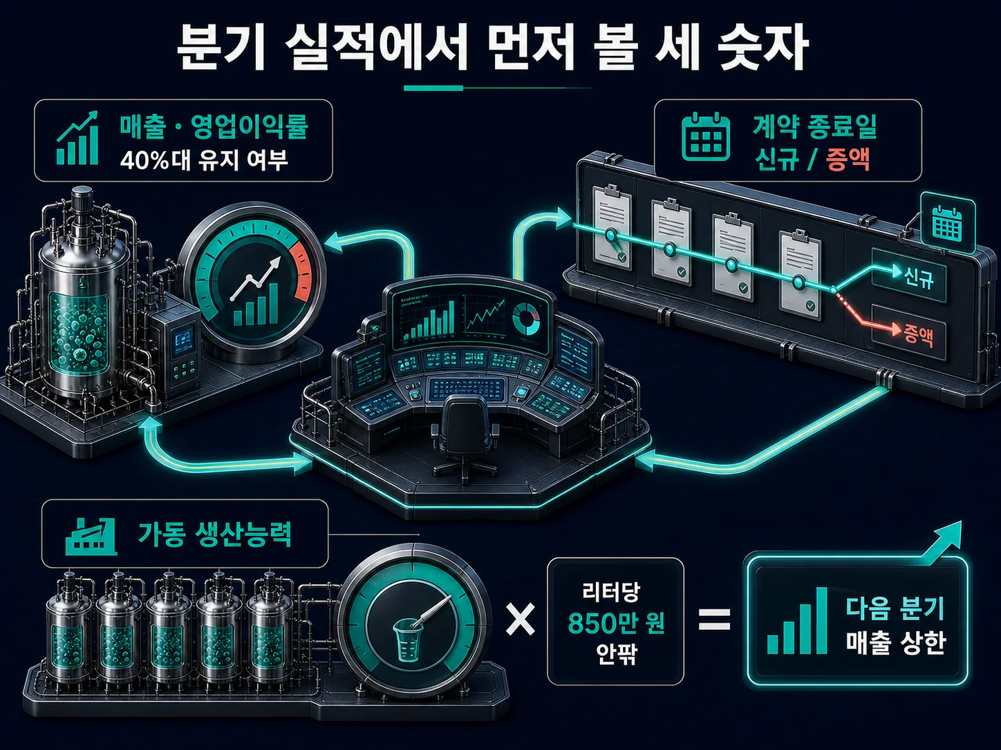 분기 실적에서 확인할 매출과 영업이익률, 수주, 가동률 세 지표를 표현한 이미지