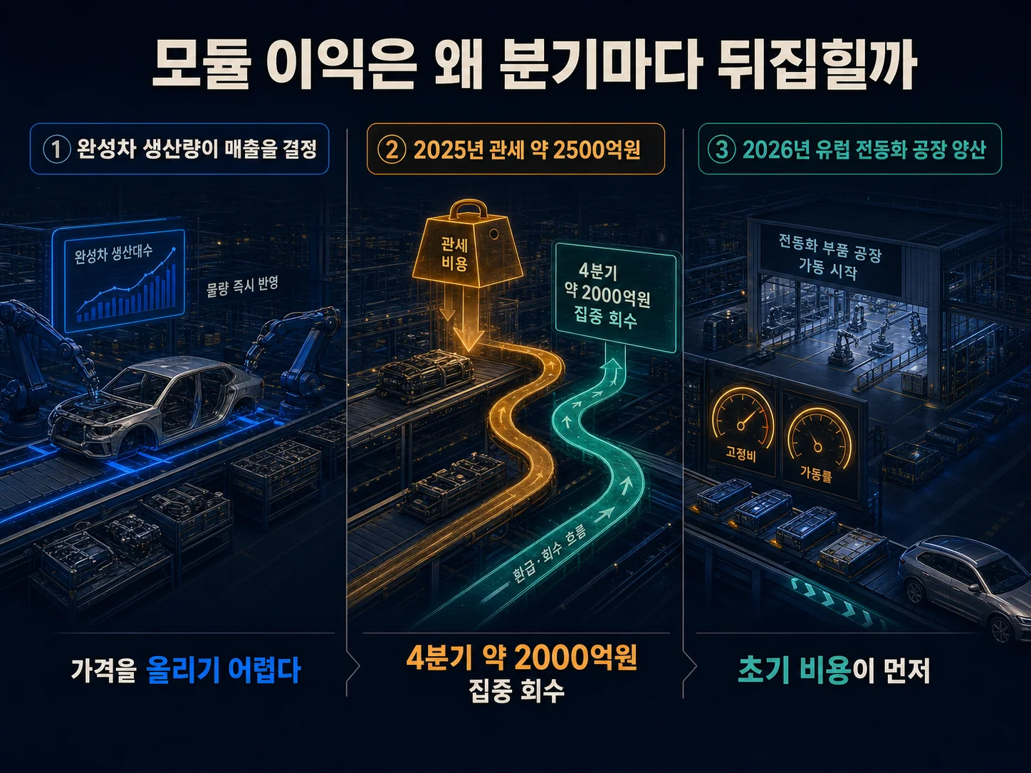 현대모비스 모듈 부문 영업이익률이 관세와 신공장 가동 비용으로 분기마다 흔들리는 모습을 담은 이미지