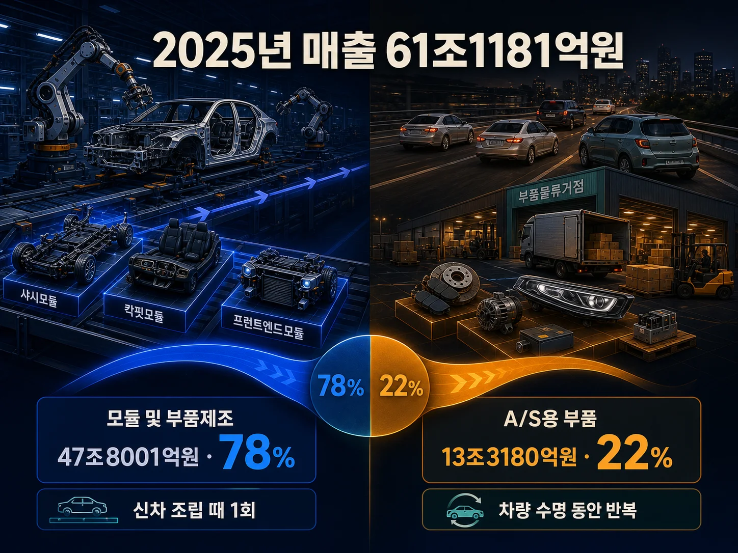 현대모비스 매출 구성에서 모듈 및 부품제조와 A/S용 부품 비중을 비교하는 이미지