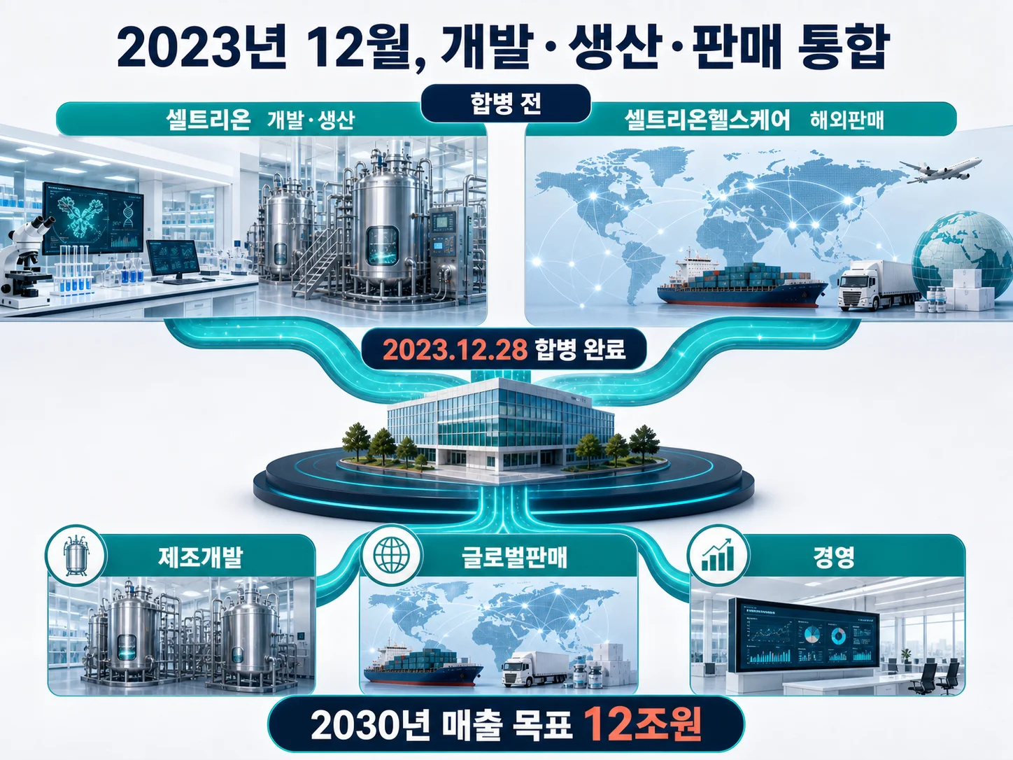 셀트리온 헬스케어 합병으로 하나가 된 개발·판매 조직 구조도