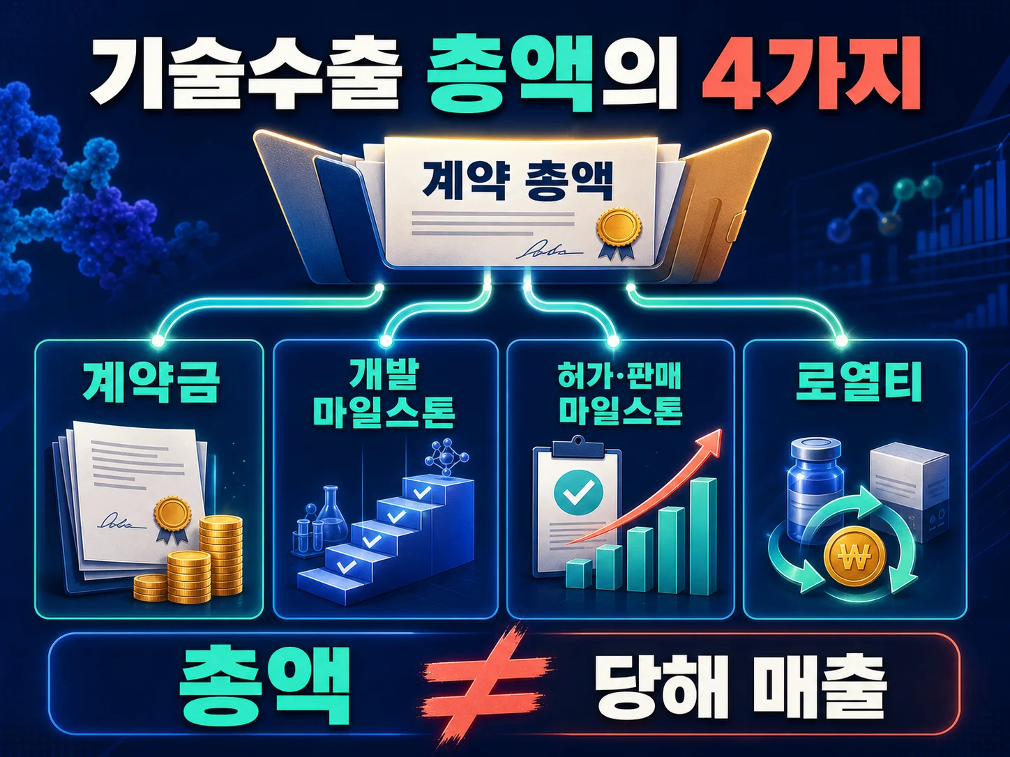기술수출 총액과 실제 매출 인식 기준의 차이를 보여주는 이미지