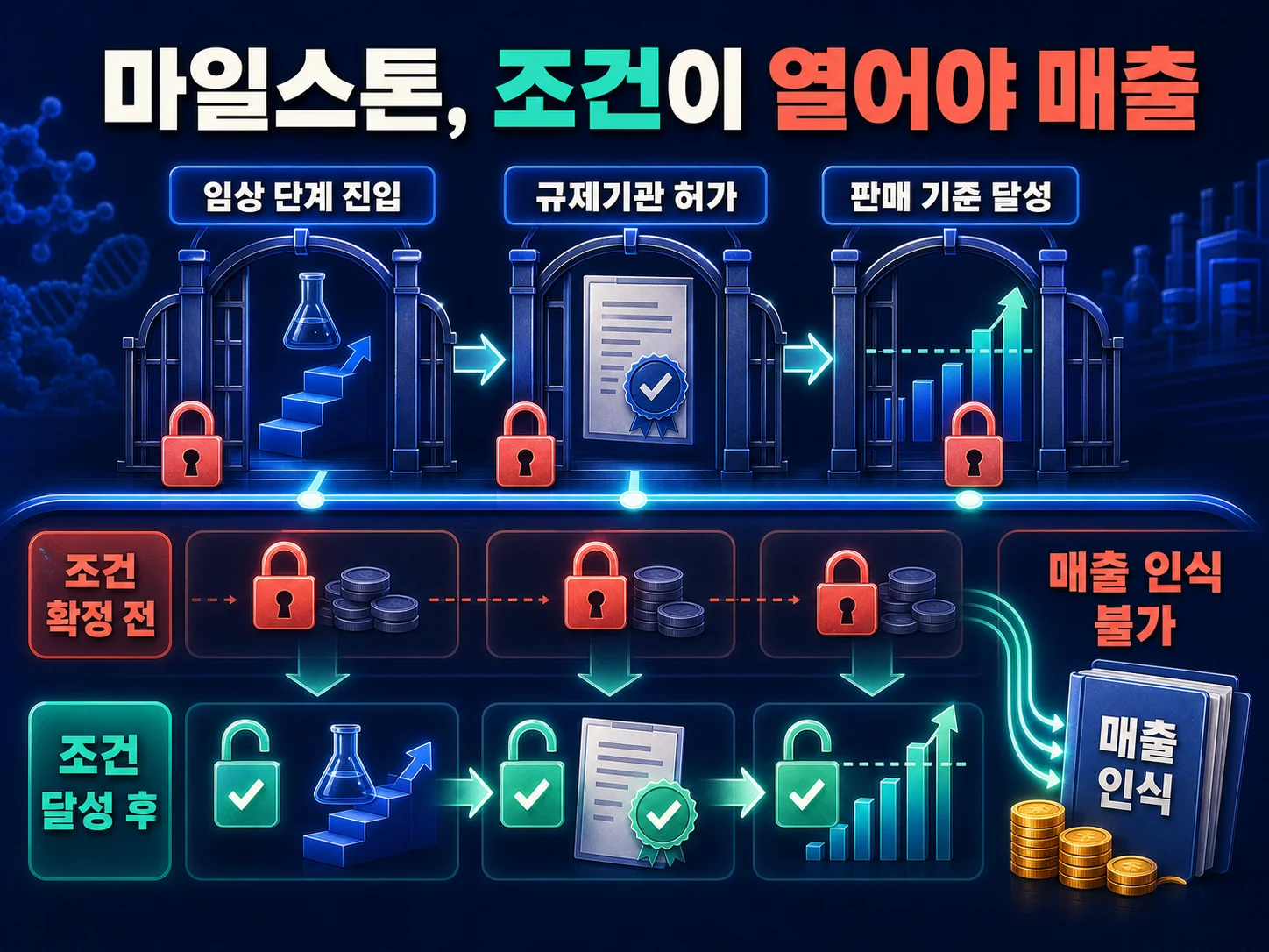 마일스톤 조건 충족 시점과 매출 인식 관계를 나타낸 이미지
