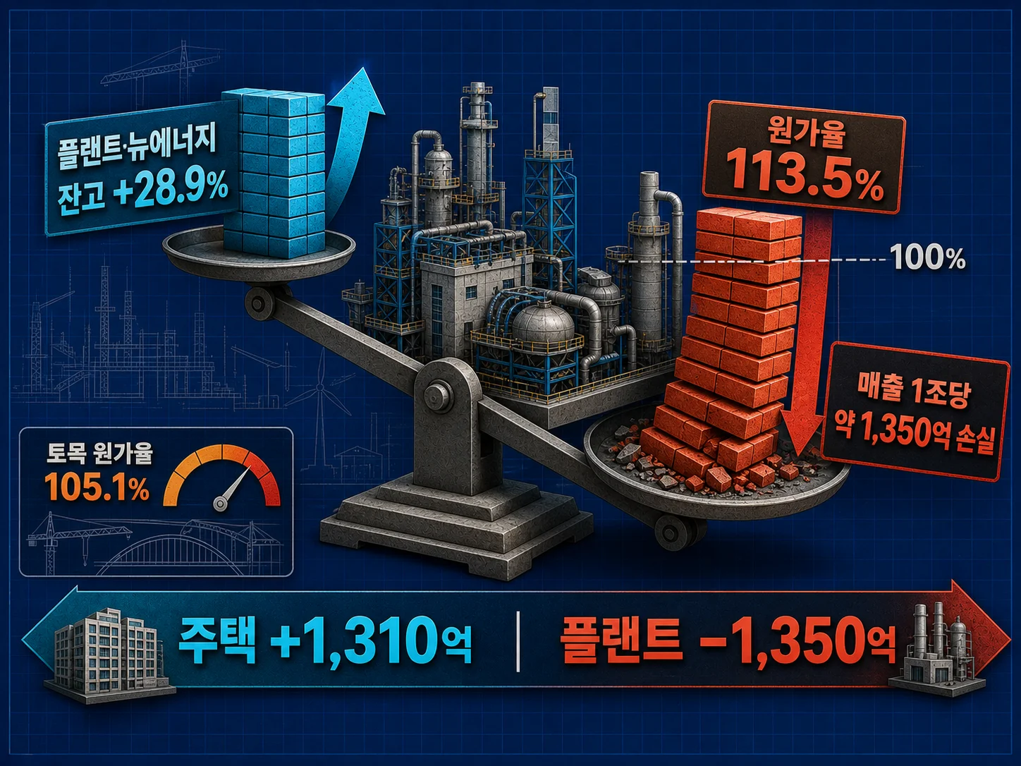현대건설 플랜트 부문 원가율 113.5%로 손실이 발생하는 구조